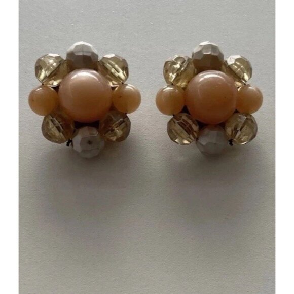 Vintage 1950s Faux Pearl Sea Cream Orange Crystal Cluster Clip on Earrings - Picture 12 of 12